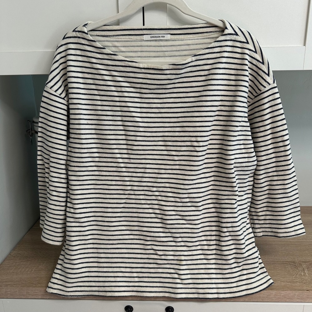 Emerson Fry Organic Boxy Stripe 3/4 Sleeve Top Womens OS Cream Navy Boat Neck - Picture 4 of 10